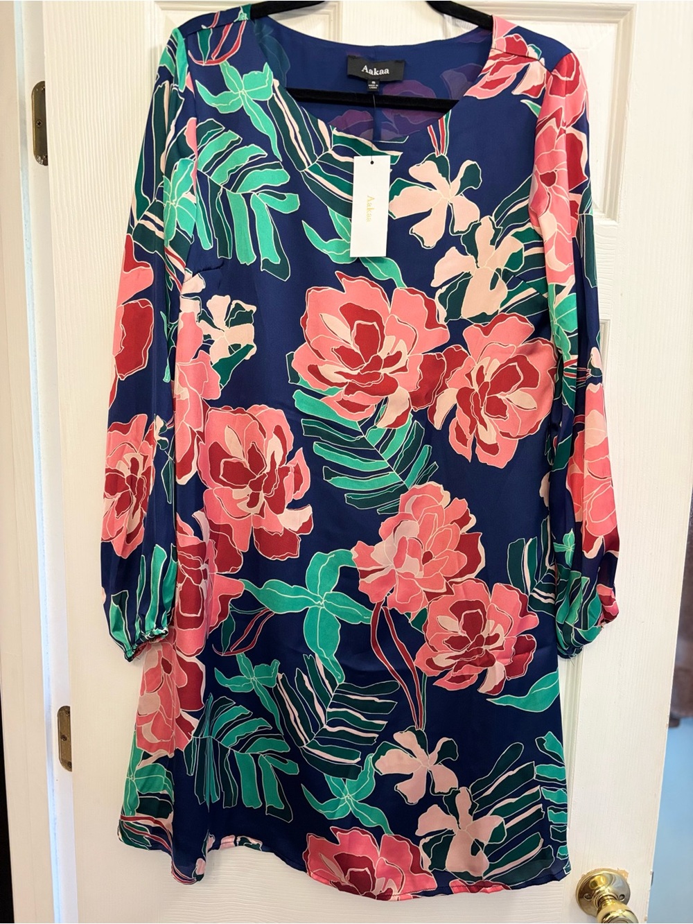 Aakaa Navy Floral Long-Sleeve Shift Dress with Pink and Green Print